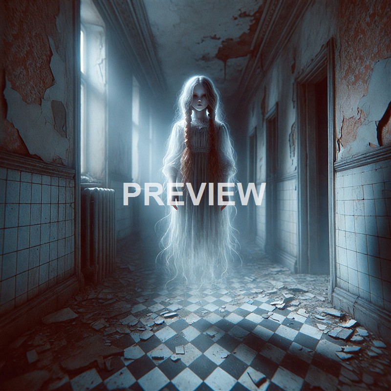 A ghostly girl with long, flowing hair and a pale face stands in a dilapidated, abandoned hallway with peeling paint and broken tiles, illuminated by faint natural light coming through cracked windows.